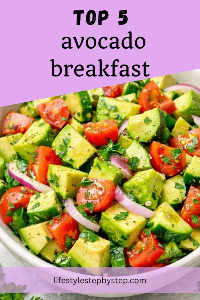 Top 5 avocado breakfast recipes collage with fresh avocado tomato salad
