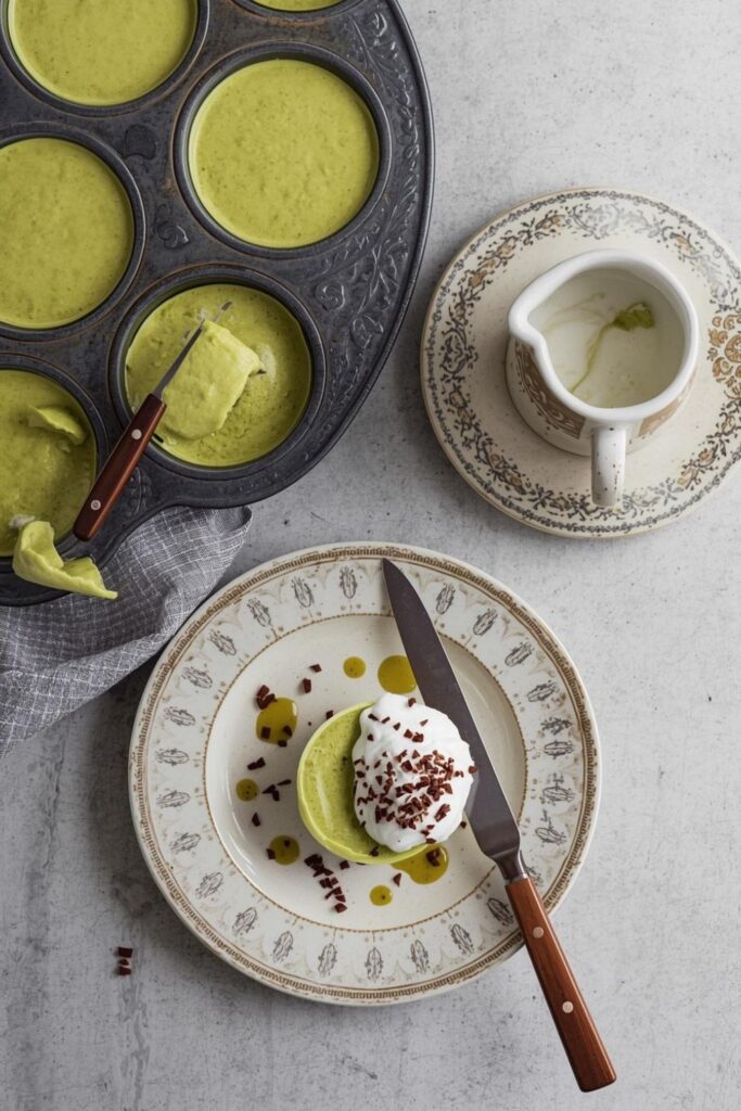 Matcha panna cotta being unmolded from a vintage muffin tin next to a jug of matcha sauce