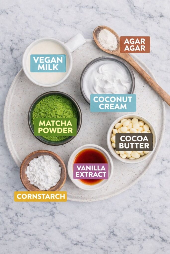 Labeled vegan matcha panna cotta ingredients including coconut cream, matcha powder, cocoa butter, vanilla extract, and cornstarch