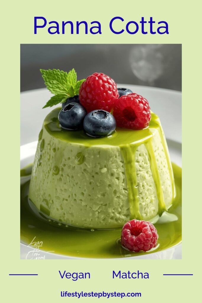 Pinterest pin for vegan matcha panna cotta recipe with fresh raspberries and mint
