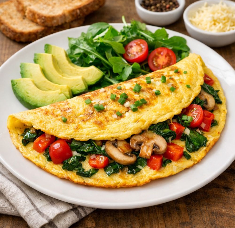 Folded vegetable omelet with mushroom and spinach filling, served with avocado slices, arugula, cherry tomatoes, and whole-grain toast