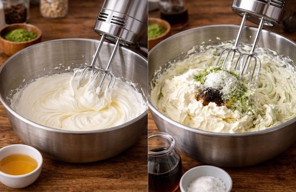 Side-by-side photos of whipped cream being beaten to soft peaks and mascarpone being mixed with sugar, vanilla, and matcha powder