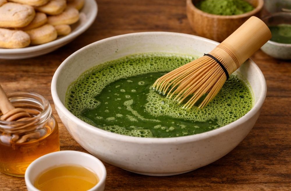 Frothy whisked matcha tea in a bowl with a bamboo whisk, served next to cookies