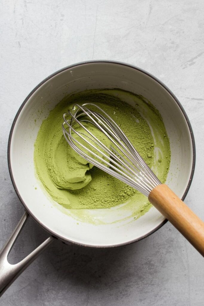 Whisking matcha powder with water in a pan until fully dissolved