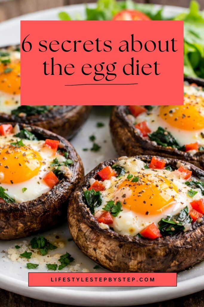 Baked eggs in portobello mushroom caps topped with spinach and diced red bell pepper