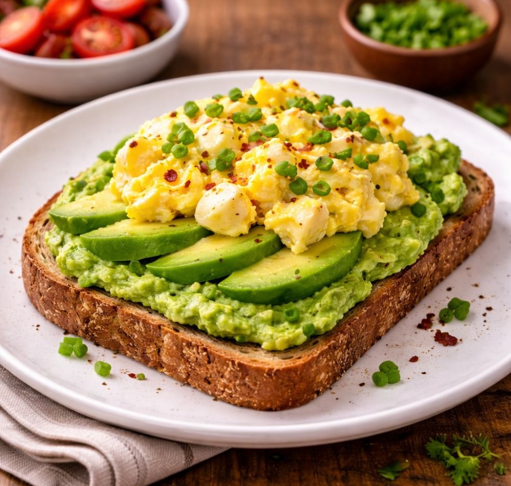 Avocado toast topped with scrambled eggs, peas, and chili flakes
