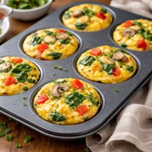Egg muffins baked in a muffin tin with spinach, tomato, mushroom, and peas