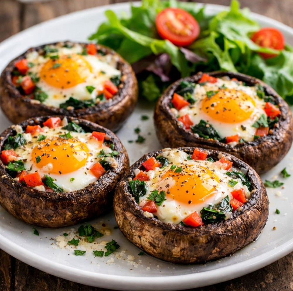 Baked eggs in portobello mushroom caps topped with spinach and diced red bell peppers