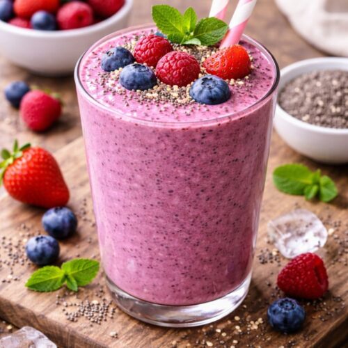 Purple berry smoothie bowl topped with chia seeds, fresh strawberries, blueberries, raspberries, and mint, with striped straws