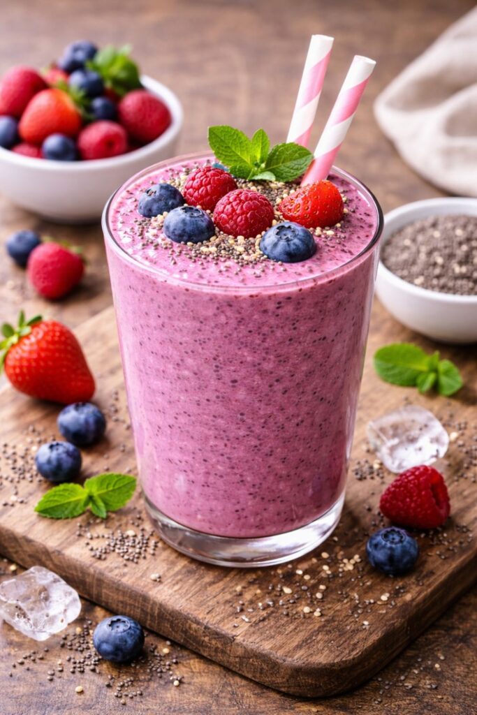 Pink chia seed berry smoothie garnished with mint and fresh berries