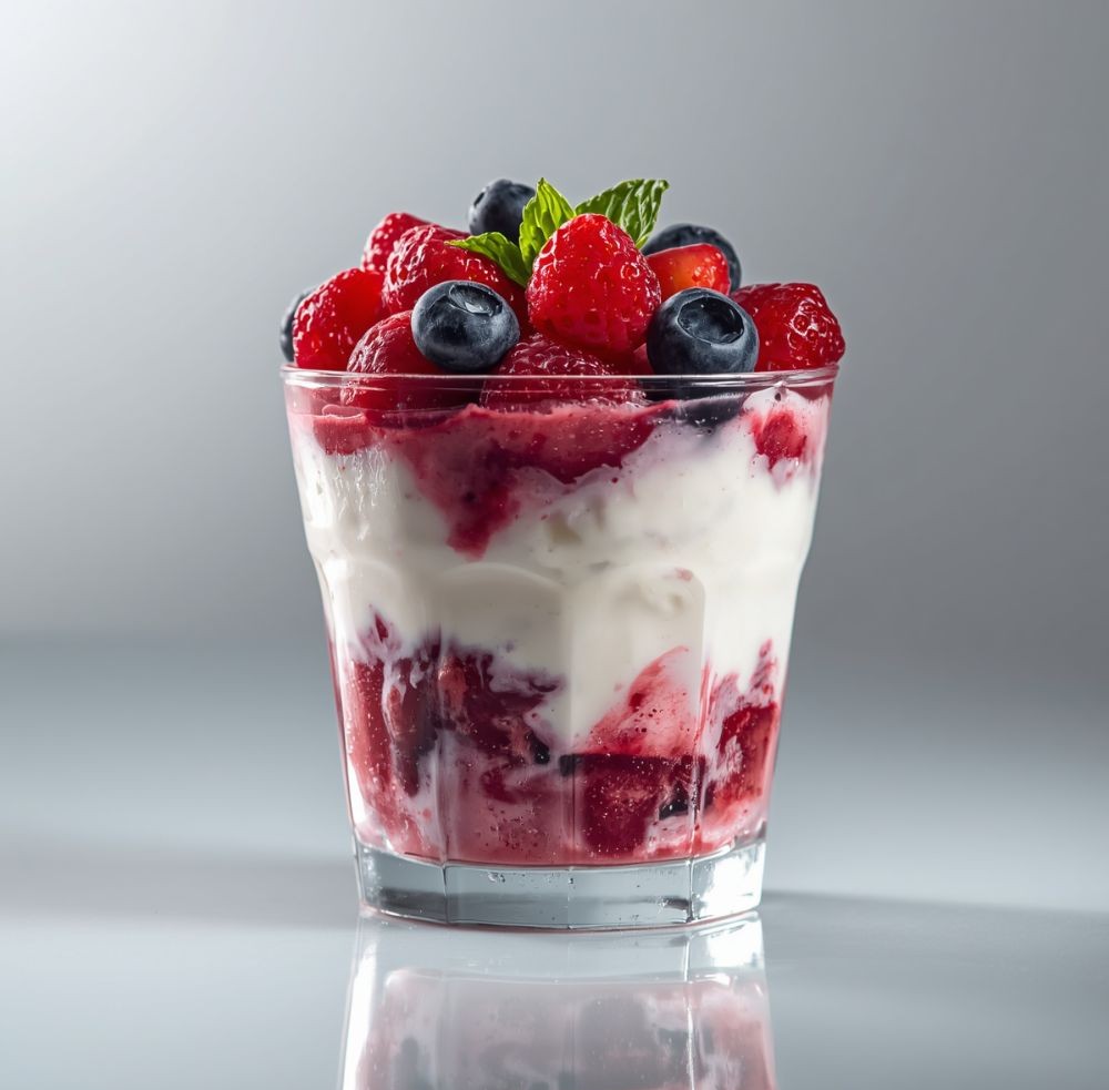 Layered berry dessert cup with cream and a fresh mint garnish