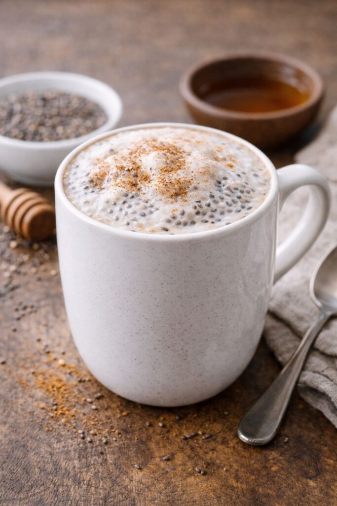 Chia latte topped with cinnamon in a white cup