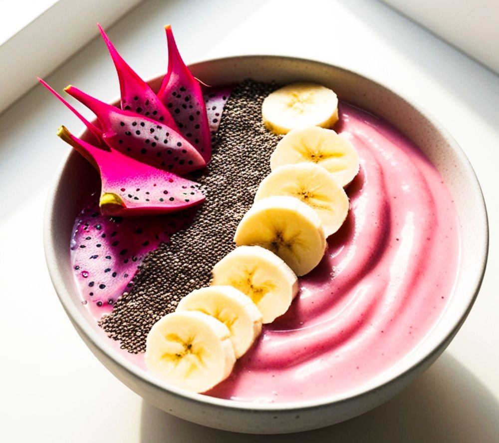 Chia seed smoothie bowl topped with banana slices and dragon fruit