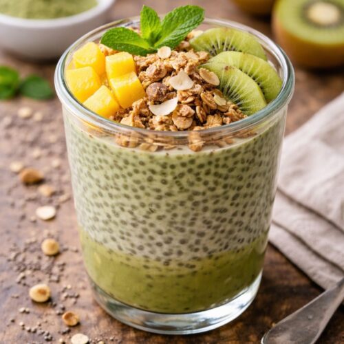 Glass of chia pudding topped with mango, kiwi slices, granola, and mint, with matcha powder and a whisk in the background