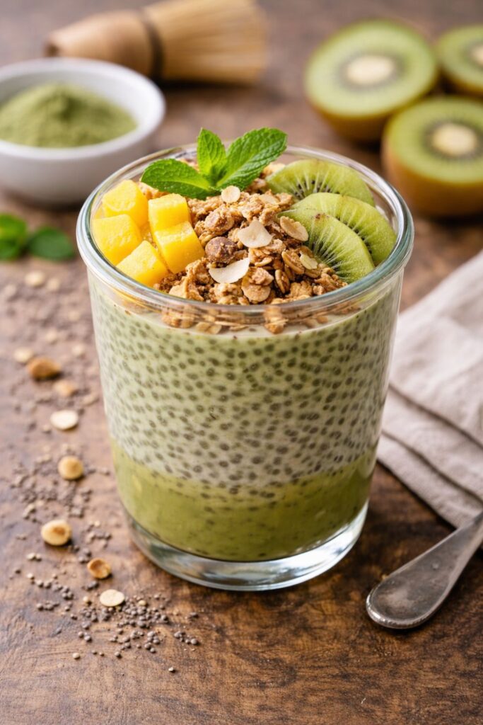 Creamy chia seed pudding in a glass topped with mango, kiwi, granola, and fresh mint