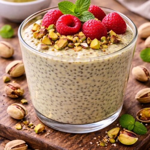 Glass of chia pudding topped with fresh raspberries, mint leaves, and chopped nuts