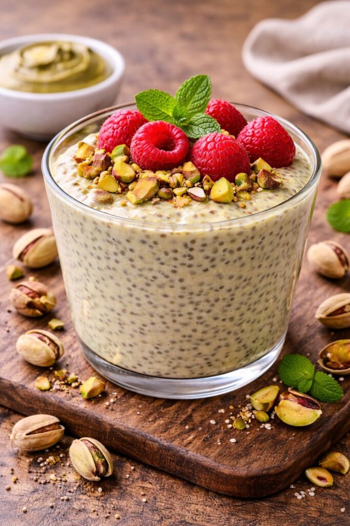Pistachio chia pudding in a glass topped with crushed pistachios, raspberries, and mint