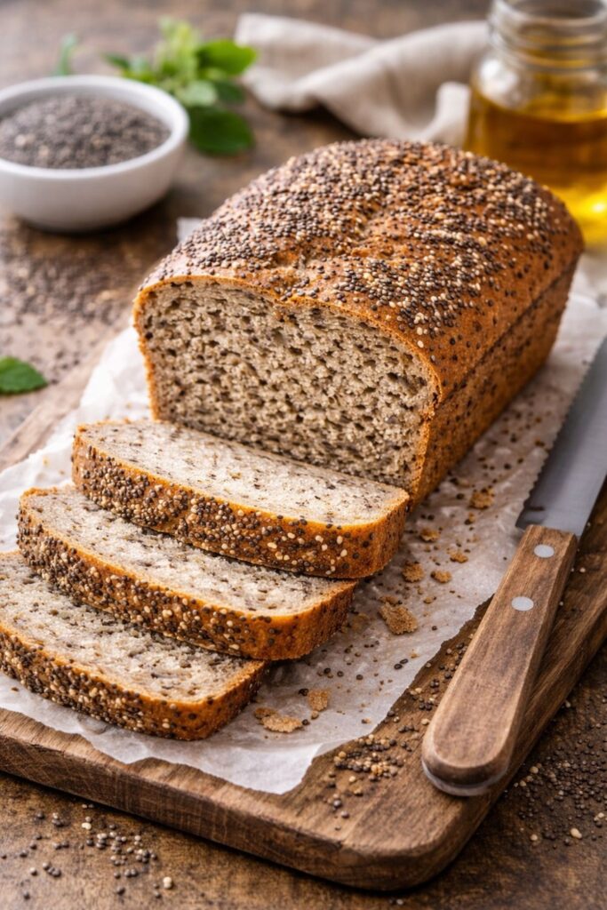Sliced chia seed bread loaf on a wooden cutting board