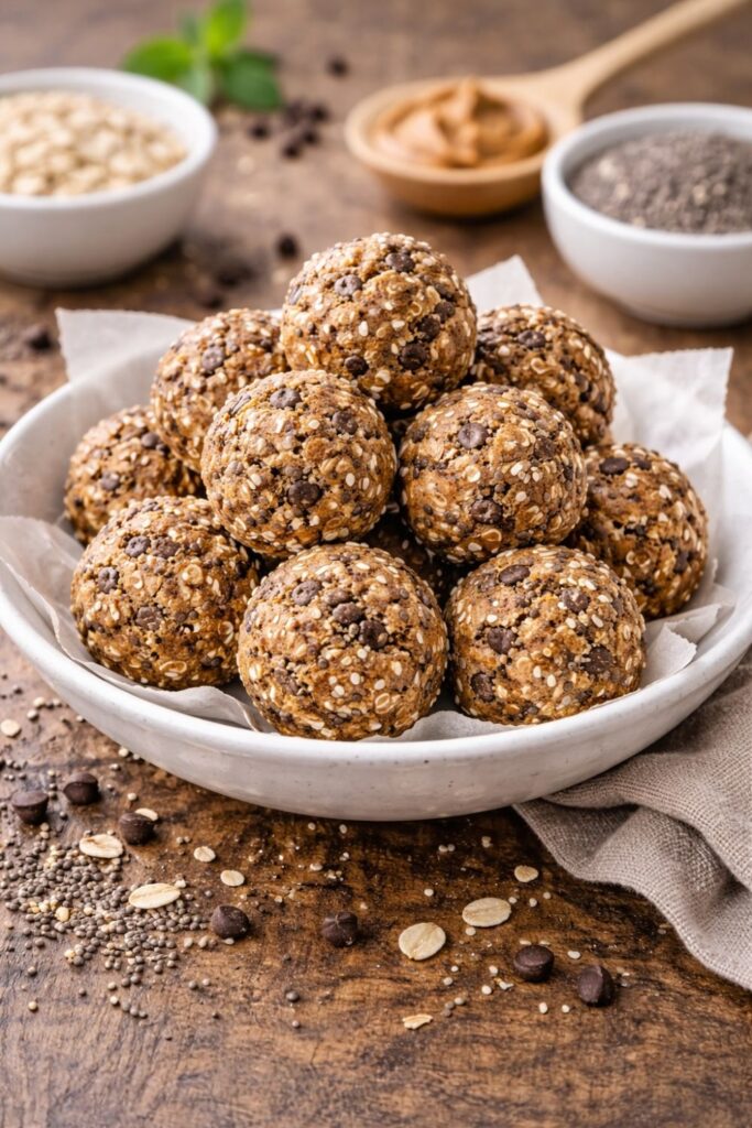 Bowl of no-bake chia energy balls made with oats, chocolate chips, and seeds
