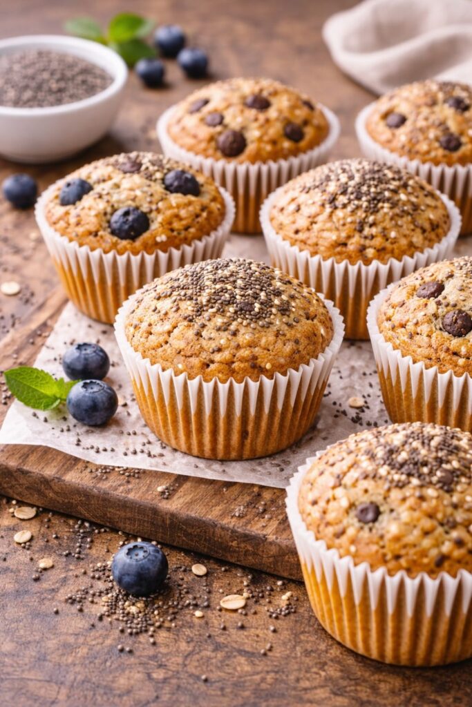 Freshly baked chia seed muffins topped with blueberries on a wooden board