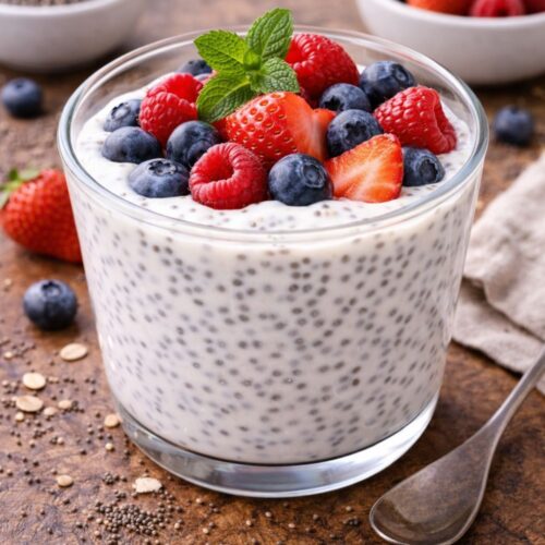 Bowl of chia seeds next to a bowl of fresh raspberries and blueberries garnished with mint