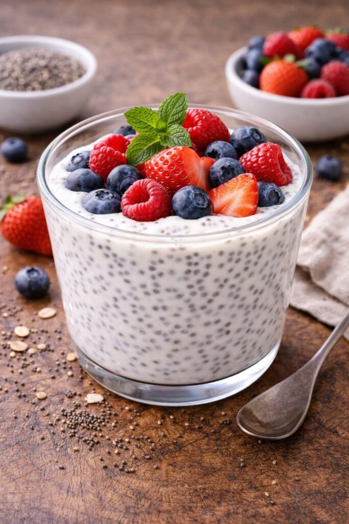 Chia seed pudding topped with fresh strawberries, blueberries, raspberries, and mint