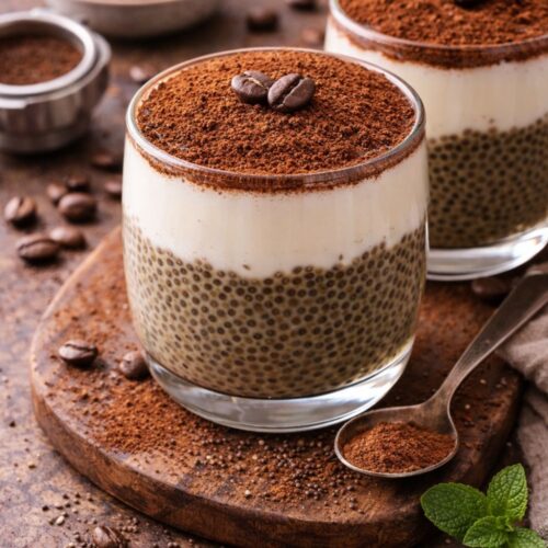 Glasses of chia seed tiramisu pudding dusted with cocoa powder and topped with whole coffee beans