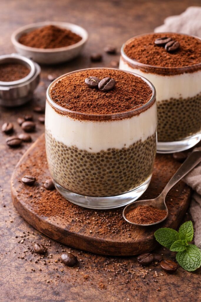 Chia seed tiramisu in glasses layered with coffee and cream, topped with cocoa powder