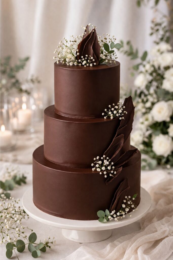 Dark chocolate wedding cake with a draped chocolate ganache accent, decorated with baby's breath flowers and eucalyptus