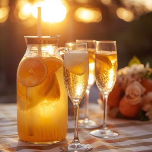 Pitcher and glasses of citrus drink with orange slices, backlit by warm string lights at sunset