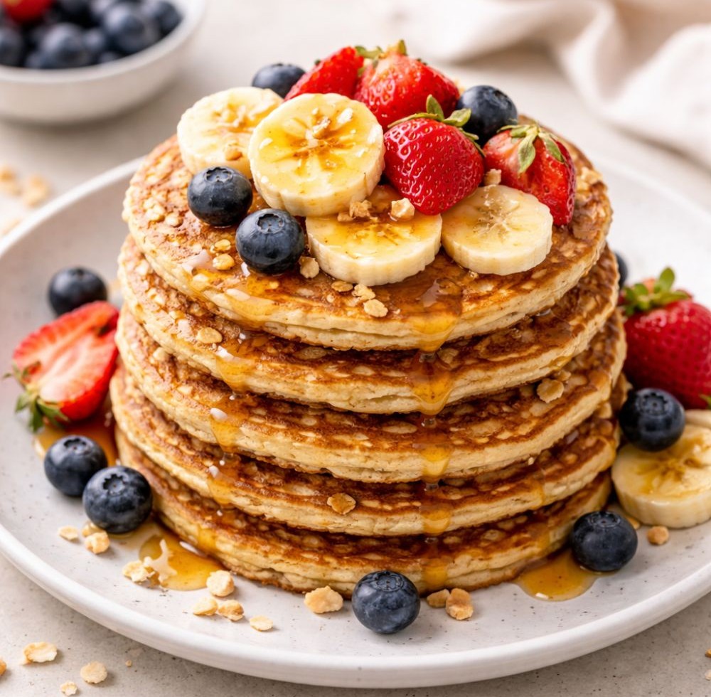 Stack of egg and oat pancakes topped with banana, strawberries, blueberries, and granola