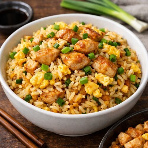 Bowl of egg fried rice with chicken and green onion