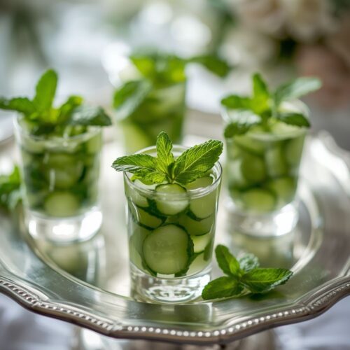 Soft-focus close-up of fresh mint sprigs standing in glasses, used as a drink garnish