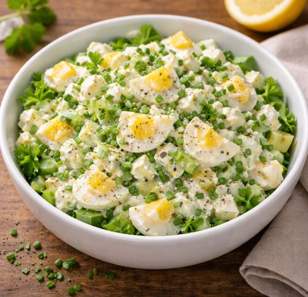 Bowl of Greek yogurt egg salad with cucumber, chives, and parsley