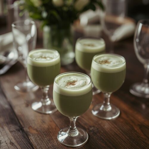 Glasses of a creamy green matcha drink dusted with cinnamon, arranged on an elegant wedding table setting