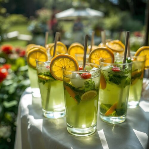 Glasses of lemonade garnished with lemon slices and straws, set outdoors at a garden wedding