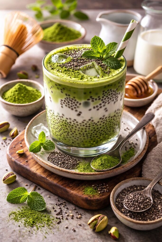 Matcha chia latte in a glass garnished with mint and chia seeds