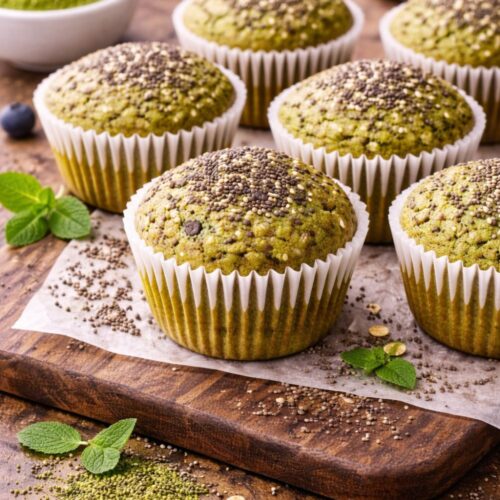 Matcha green tea muffins topped with chia seeds, next to a bowl of matcha powder and fresh blueberries