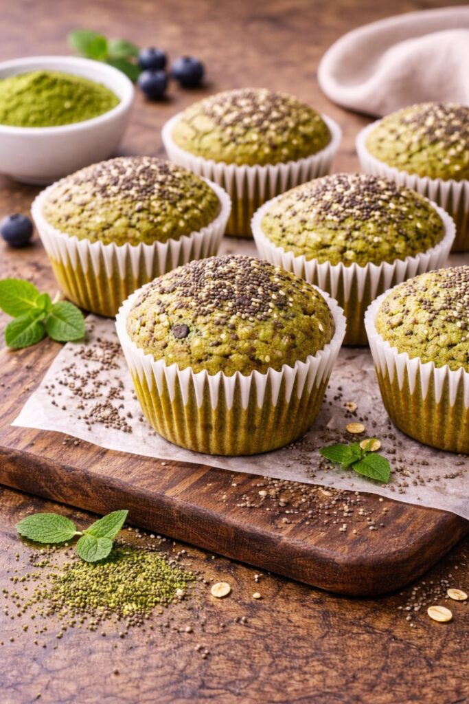 Freshly baked chia seed muffins sprinkled with chia seeds and garnished with mint