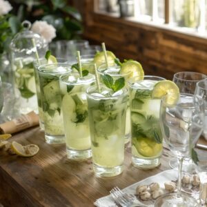 Glasses of mint lemonade garnished with lime slices and fresh mint sprigs, served at an indoor wedding bar
