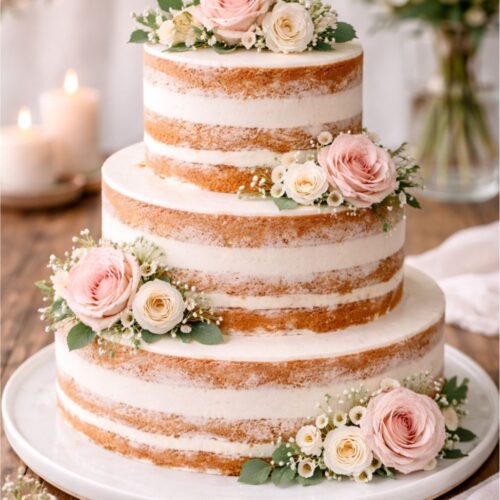 Semi-naked wedding cake topped with pink and white roses and baby's breath, with candles in the background