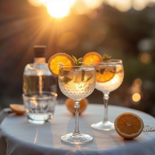 Glass of cocktail garnished with an orange slice and mint, backlit by a warm outdoor sunset