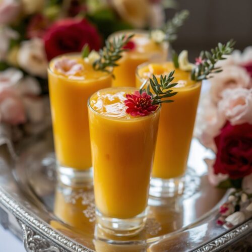 Glasses of orange juice garnished with red flowers and rosemary sprigs, surrounded by pink roses
