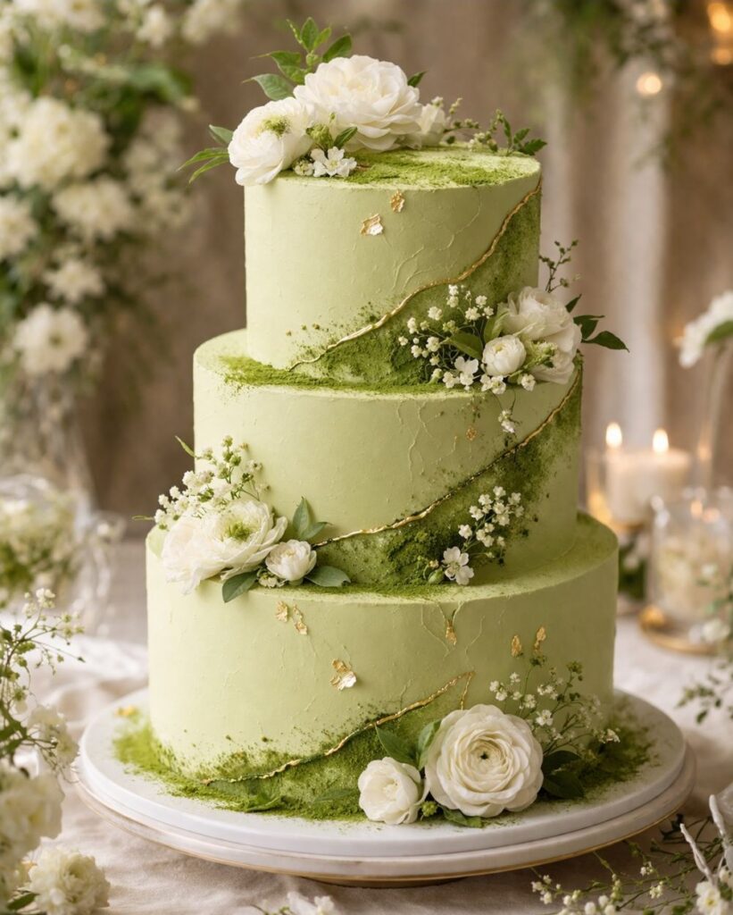 Sage green wedding cake with gold leaf detailing, decorated with white roses and greenery