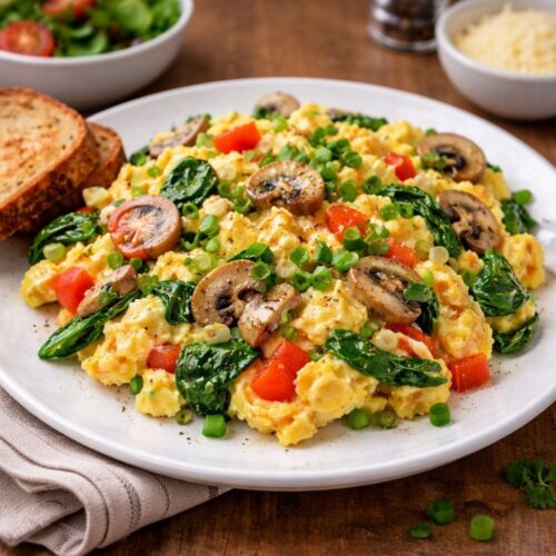 Plate of scrambled eggs with mushrooms, spinach, tomato, and peas, served with toast and grated cheese