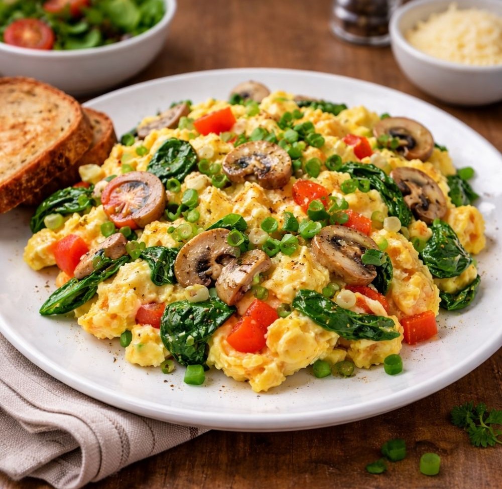 Scrambled eggs with mushrooms, spinach, bell peppers, and peas on a plate