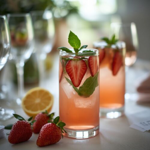 Glasses of strawberry infused water garnished with fresh basil leaves