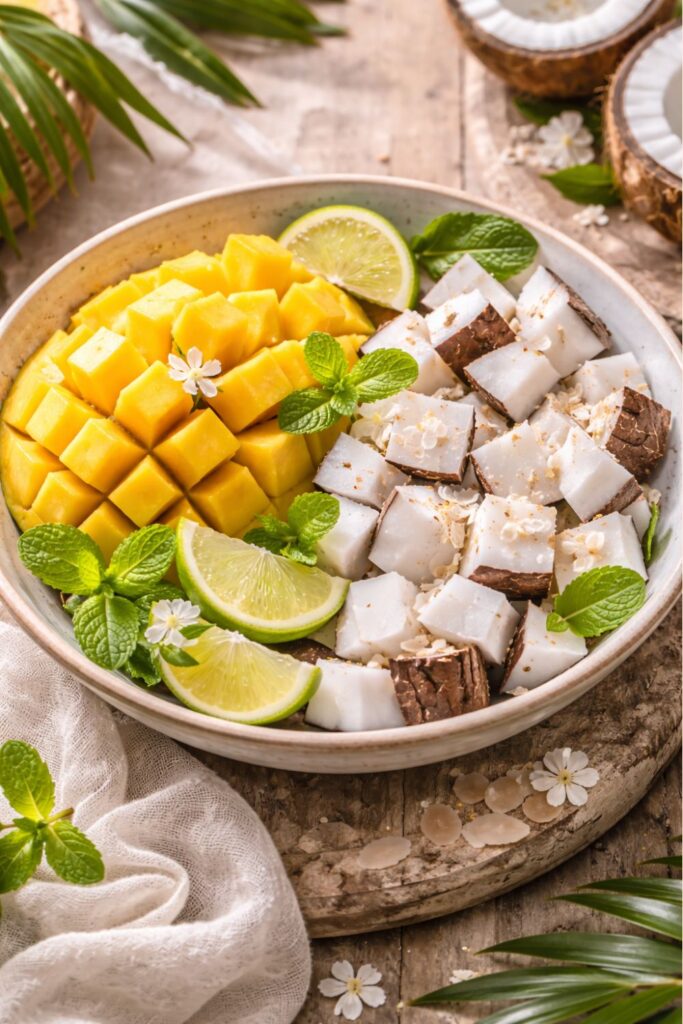 Tropical fruit plate with mango, coconut, lime and fresh mint