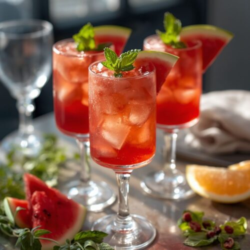 Glasses of red watermelon drinks garnished with mint leaves and watermelon wedges