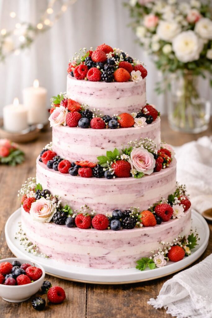 Wedding cake covered in fresh raspberries and blackberries, decorated with baby's breath, with flowers and candles in the background